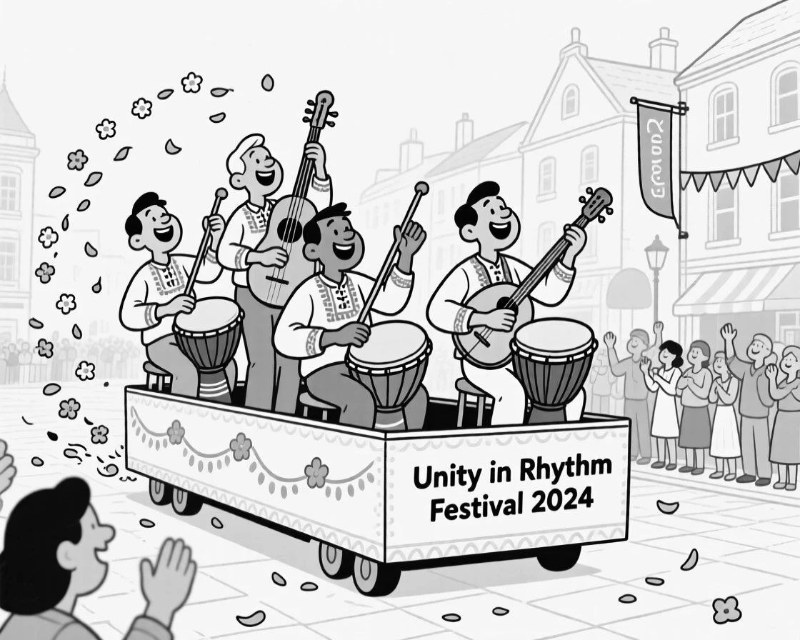 Musicians playing traditional instruments in a town square, tapping out an infectious rhythm on hand drums, set on a float rolling through a bustling parade. A trail of flower petals leads toward the celebration. There's a deep sense of belonging and festivity in the air.