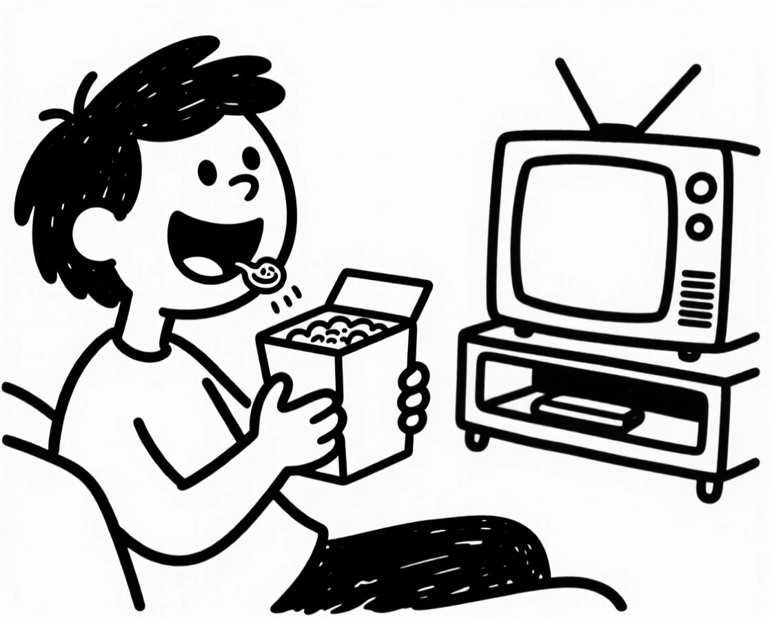 A person happily eating cereal directly out of the box while watching TV.
