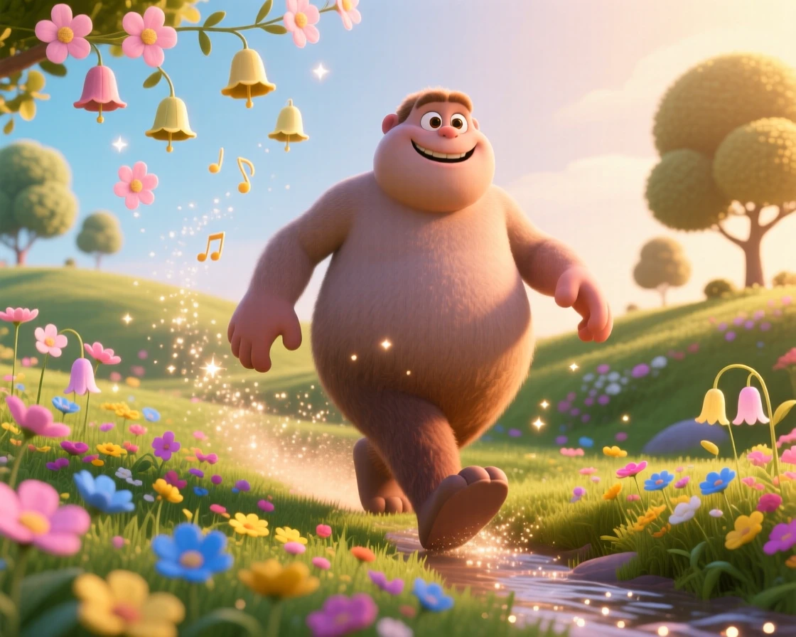 A friendly giant stands in a garden where flowers chime like bells, floating gently above a field of flowers. A quiet magic hums softly throughout the scene, with a trail of glimmering dust following each step.