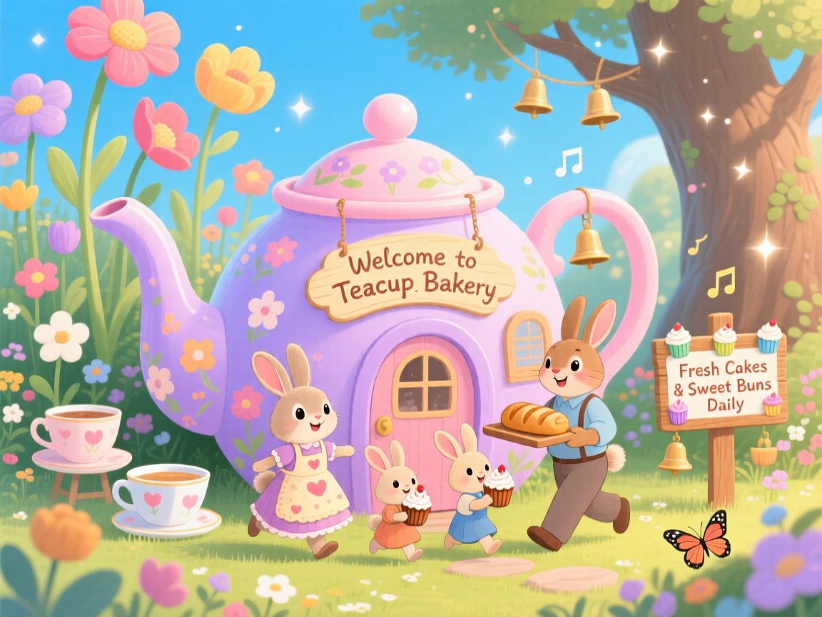 In a garden where flowers grow taller than trees, a family of teacup rabbits spends the day running a bakery inside a giant teapot, while soft chimes ring from unseen bells.