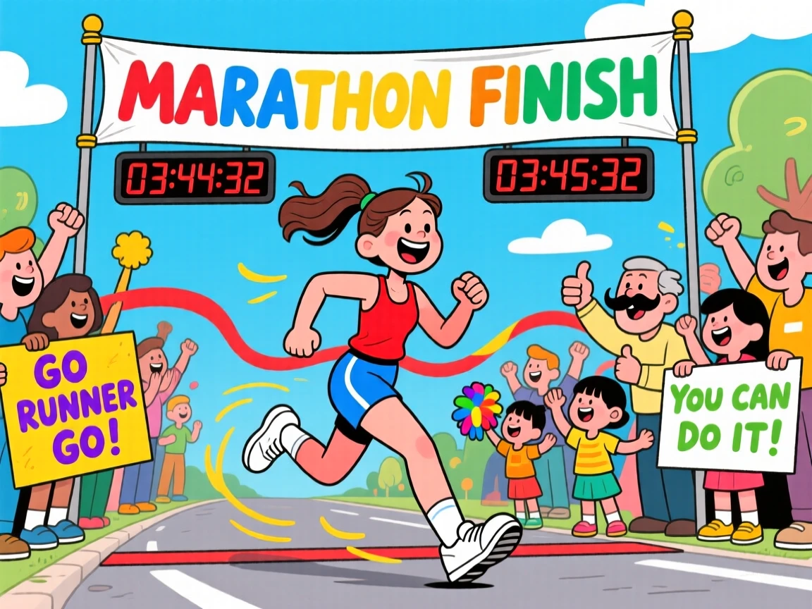 A marathon runner being cheered on by a crowd near the finish line.