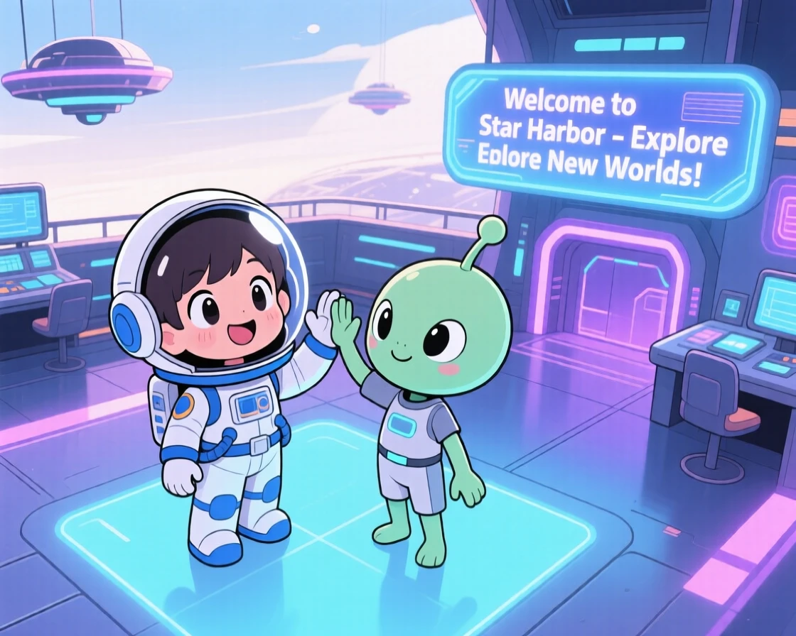 A child astronaut high-fiving a friendly alien in a glowing spaceport under a clear summer sky; diffused overcast light washes over the scene as quiet contentment fills the moment. Bird's-eye view.