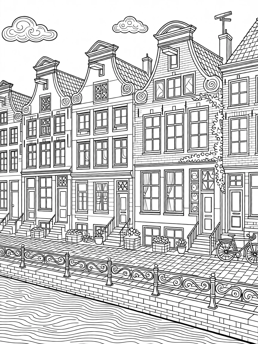 A row of colorful rowhouses along a canal in Amsterdam.