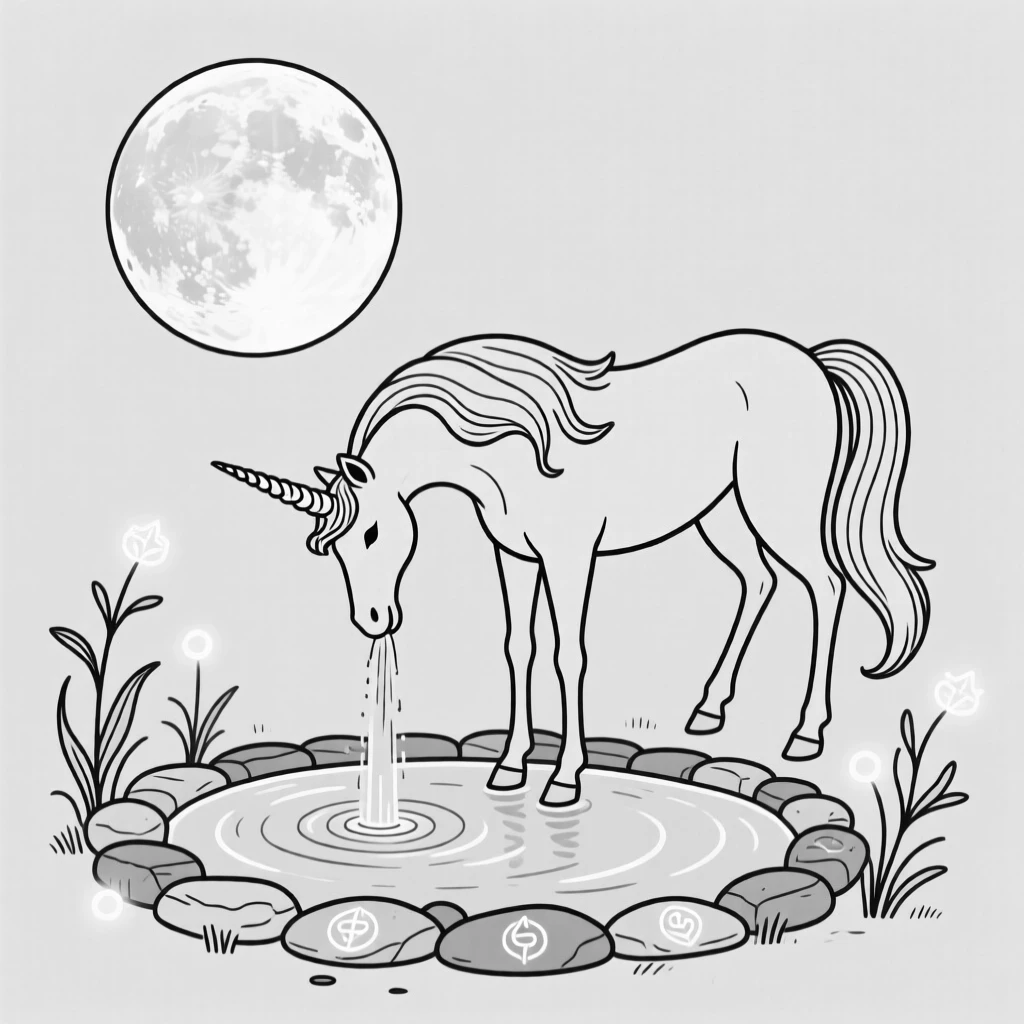 A moonlit unicorn drinking from an enchanted spring