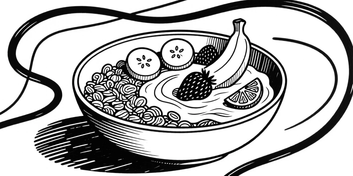 A bowl of granola with yogurt and fresh sliced fruit.