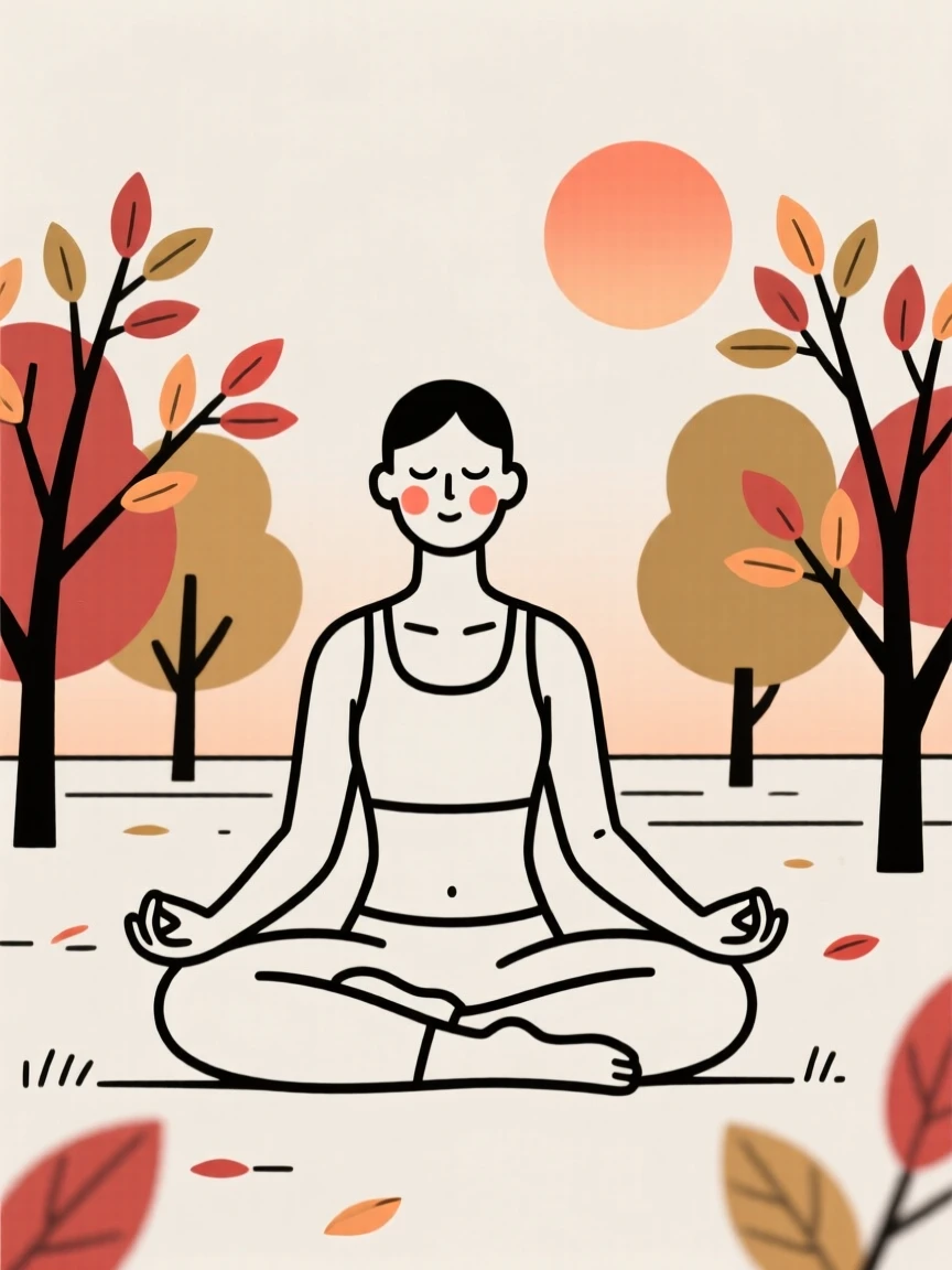 An athlete practicing mindful breathing at sunrise, in an autumn orchard.