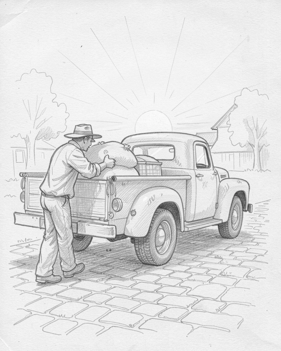 A warm everyday moment: a farmer loading a truck at sunrise on a quiet cobblestone lane, with quiet everyday contentment.