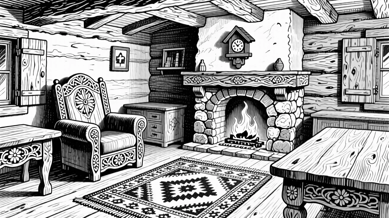 A traditional Swiss chalet living room with carved wooden furniture.