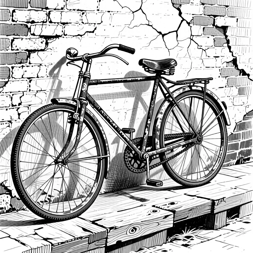 An old bicycle leaning on a wall set against a weathered brick wall, with the texture of aged wood grain visible beneath it, forming a gently sentimental still-life study.