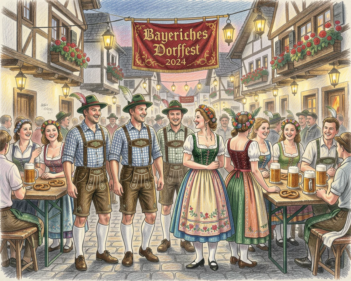 A Bavarian village festival with traditional dress and lantern light, filled with rich, authentic historical and cultural detail, full of cultural pride and historical wonder.