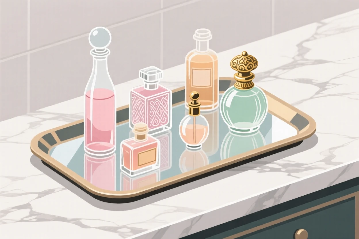 A collection of antique perfume bottles on a mirrored tray, placed on a smooth marble countertop, composed with gentle negative space around the object, with a clean, elegant simplicity.