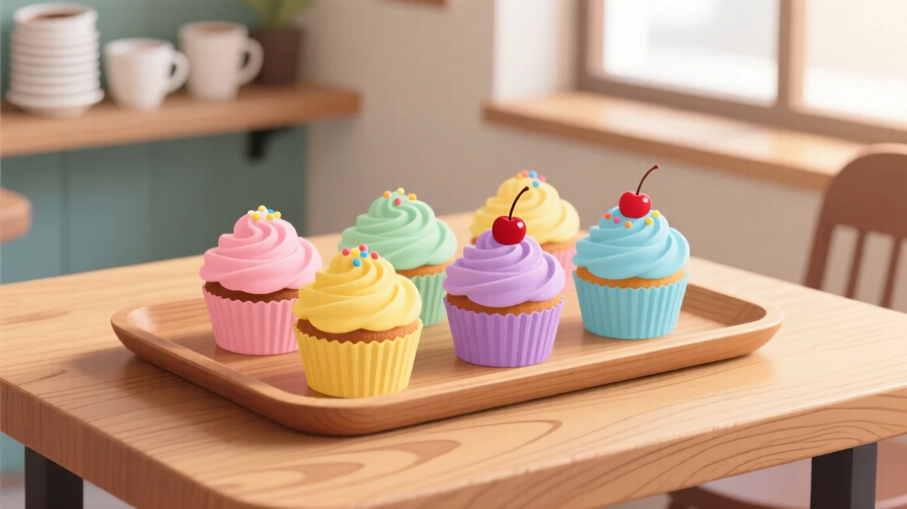 A tray of colorful cupcakes beautifully displayed on a wooden table at a cozy cafe.