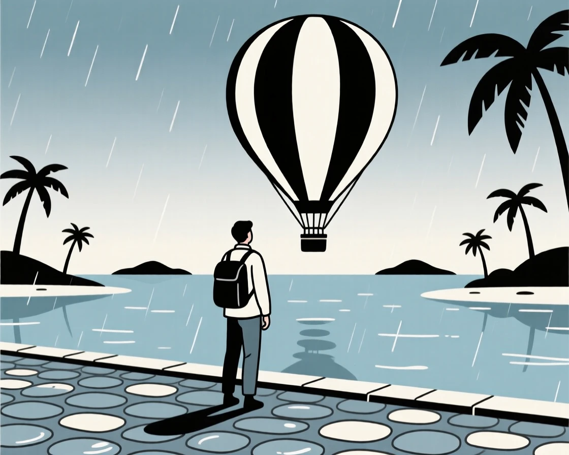 A traveler standing before a hot air balloon rising in a tropical archipelago, with cobblestone streets glistening with rain nearby, feeling adventurous excitement.