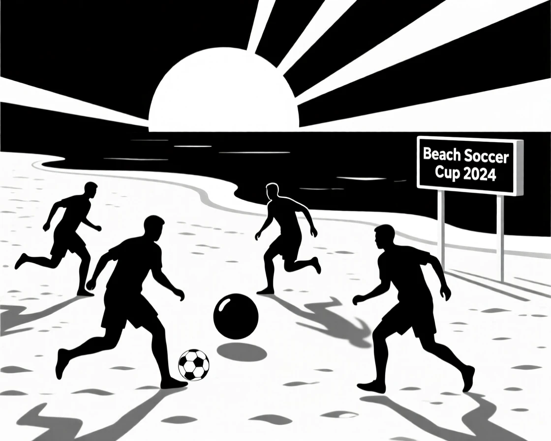 A beach soccer match at sunset.
