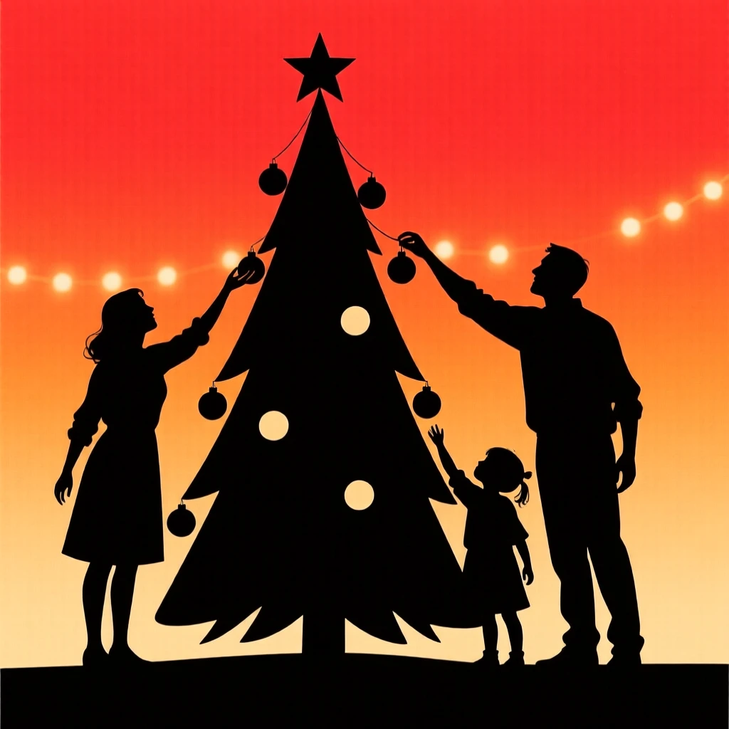 A family gathered around a towering Christmas tree, hanging the final ornaments.