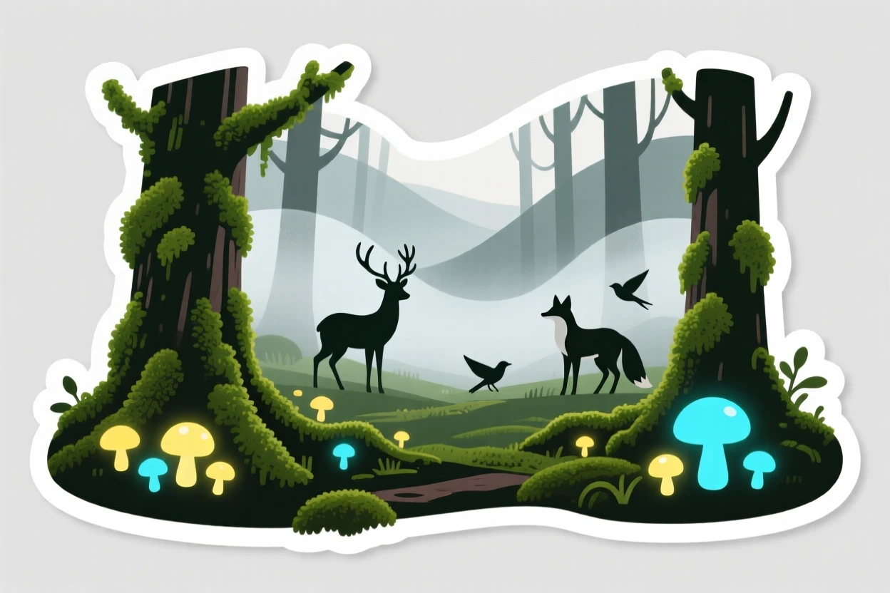 A dreamlike moss-covered forest with glowing mushrooms, with morning mist rolling through, where wildlife roams freely.
