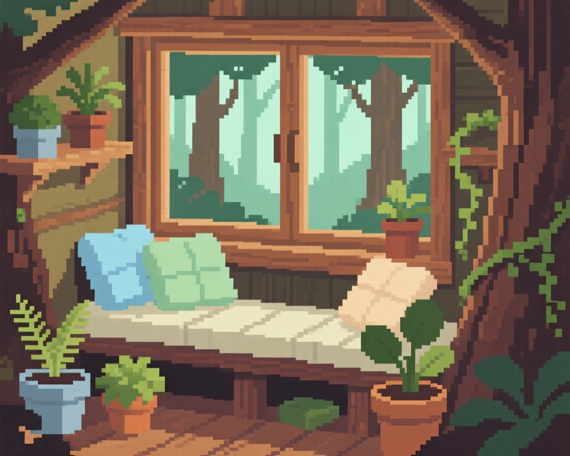 A window seat surrounded by potted plants and soft cushions, in a treehouse overlooking a quiet forest.