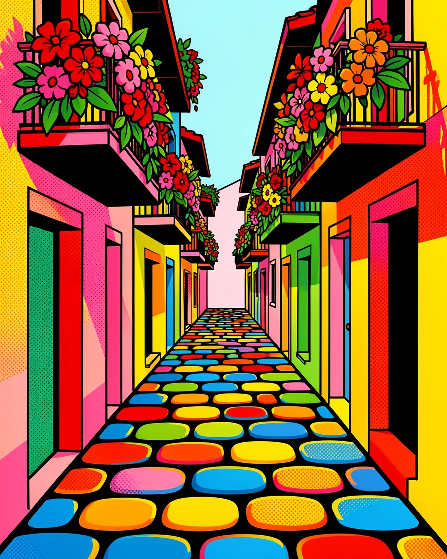 A narrow cobblestone street lined with flower-covered balconies