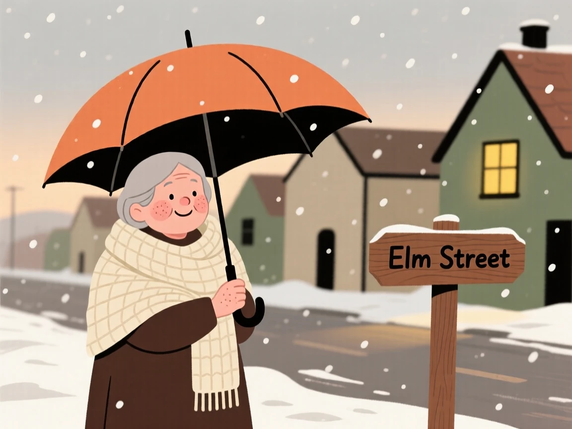 Soft snow falls over a quiet village street as a elderly woman watches from under a wide umbrella, wrapped warmly against the cool evening air.