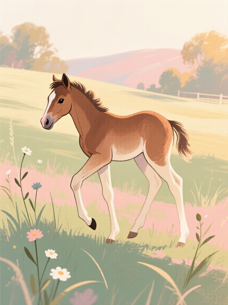 A country meadow where a foal takes its first wobbly steps