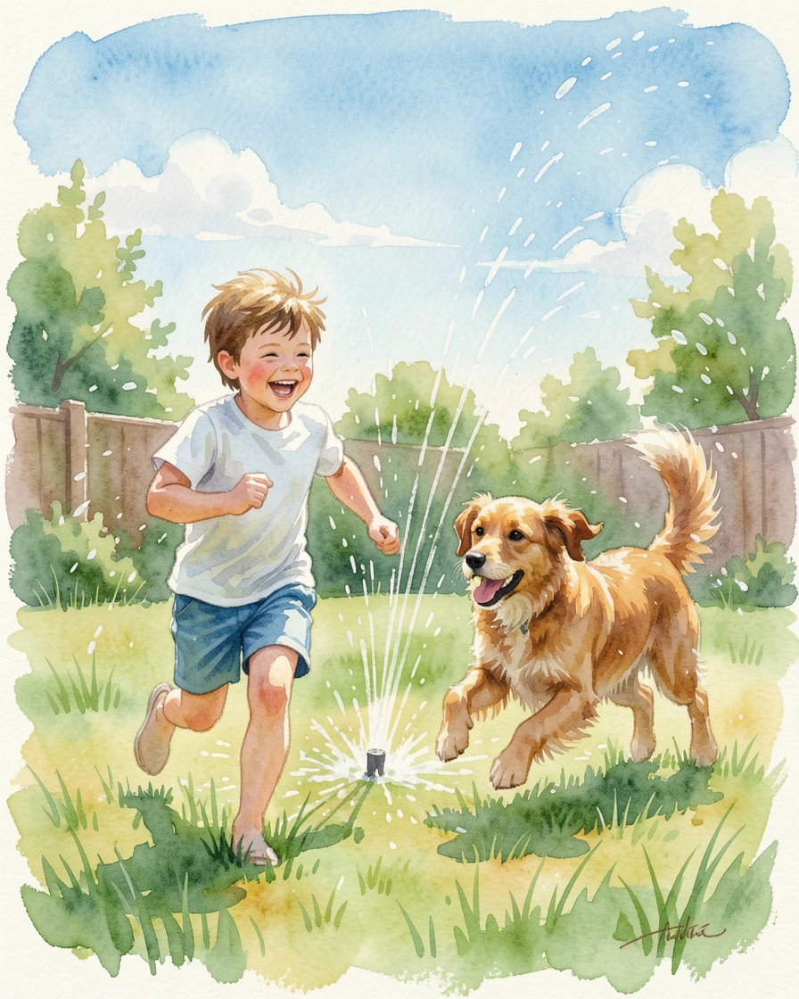 A boy and his dog running through a sprinkler on a summer day under a bright blue sky.
