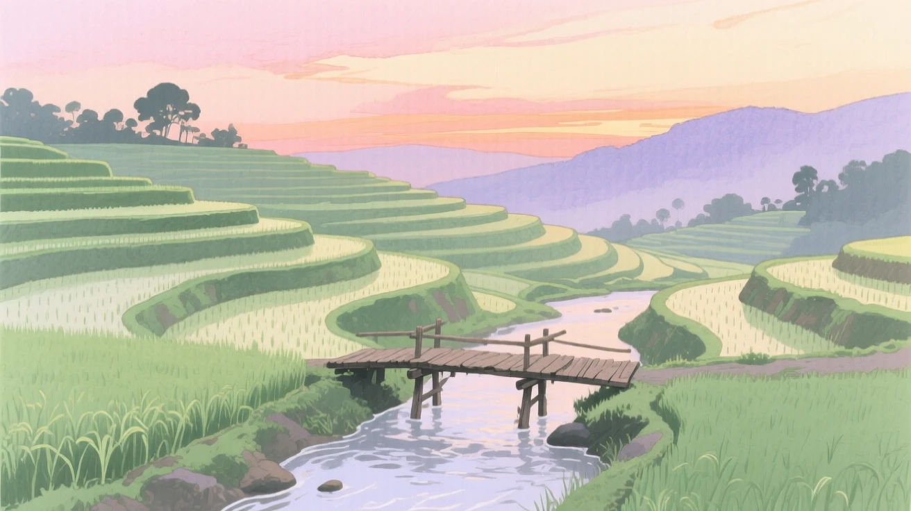 A breathtaking view of a terraced rice field in the soft glow of dusk, with a small wooden bridge crossing a stream