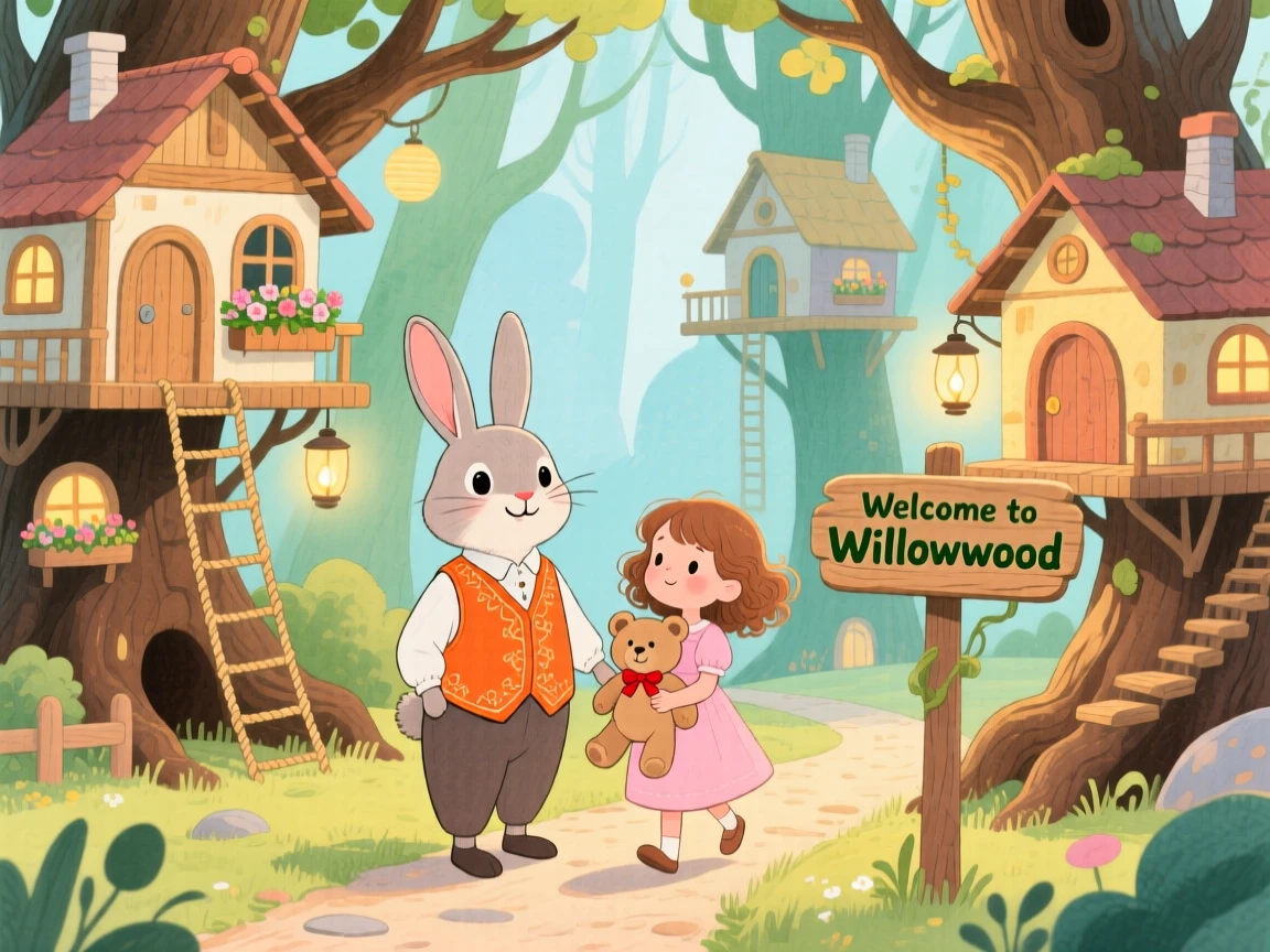 A talking rabbit in a tiny vest guiding a girl clutching a stuffed bear through a magical treehouse village.