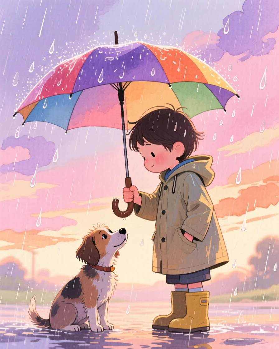 A child sharing their umbrella with a stray dog caught in the rain, under a sky painted with the soft colors of sunset, radiating kindness, hope, and heartfelt emotion.