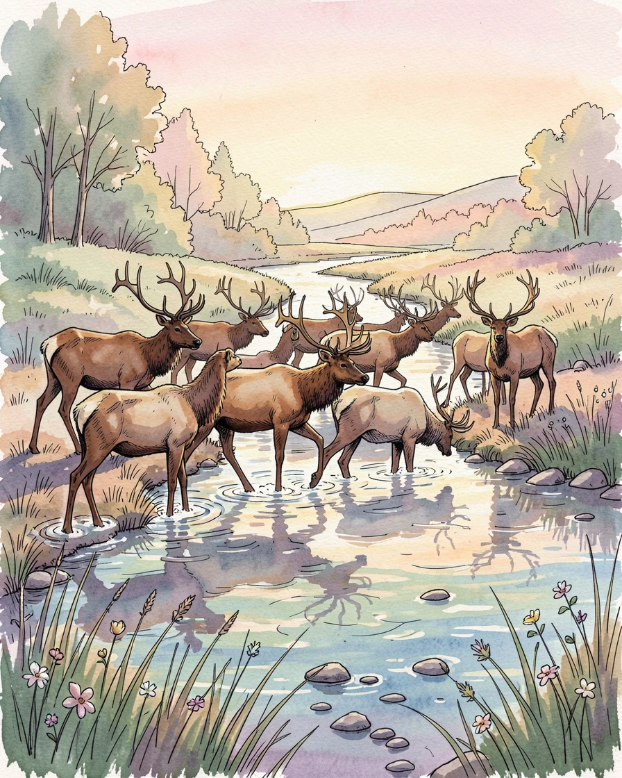 A herd of elk crossing a shallow river at sunrise, soft shadows stretching long across the ground.