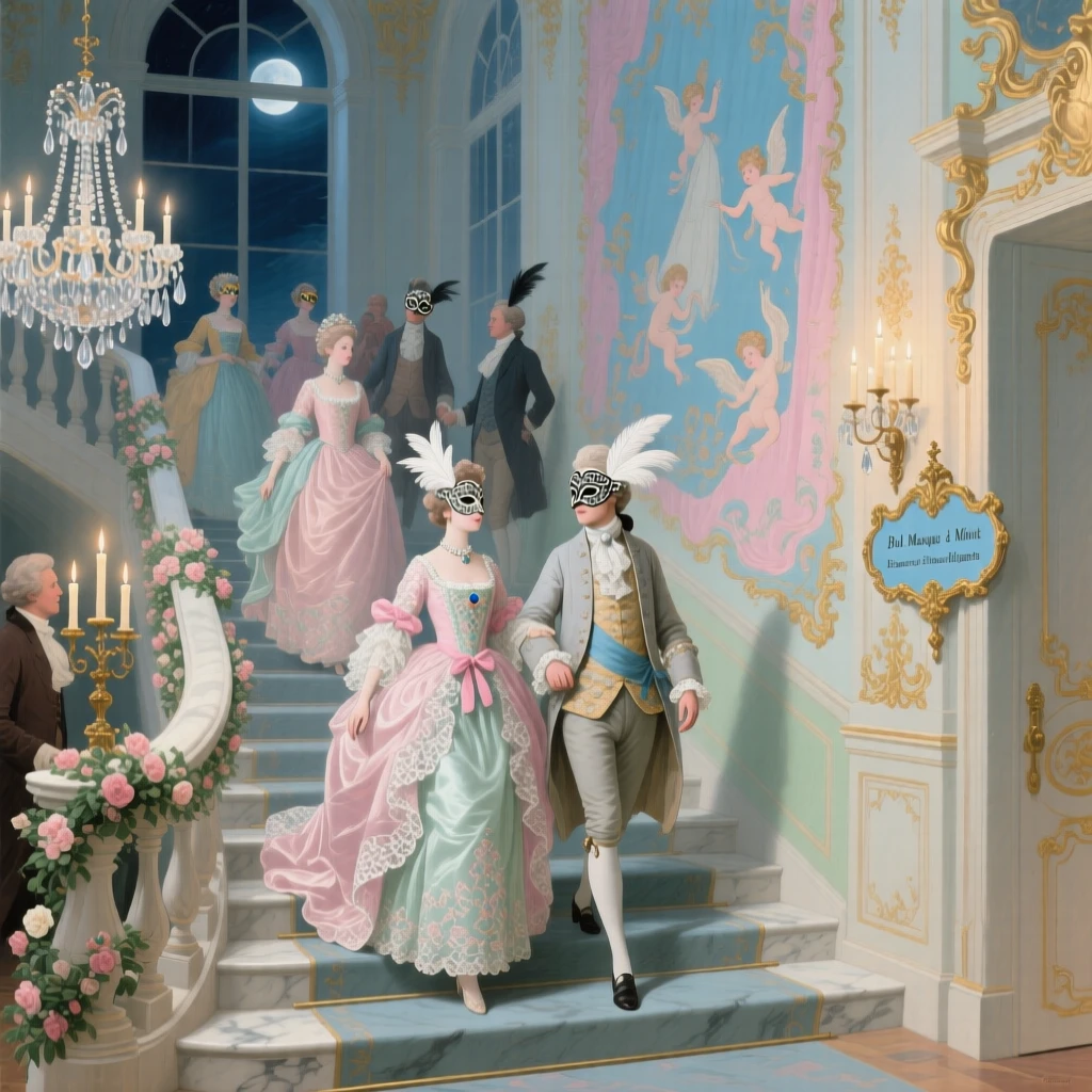A masked ball at midnight with guests descending a marble staircase  