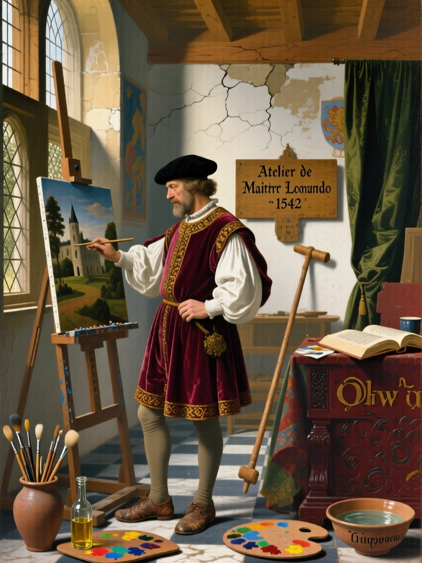 A Renaissance painter working diligently in a sunlit studio, with rich period-accurate clothing, tools, and architecture throughout, offering a vivid window into a fascinating moment of human history