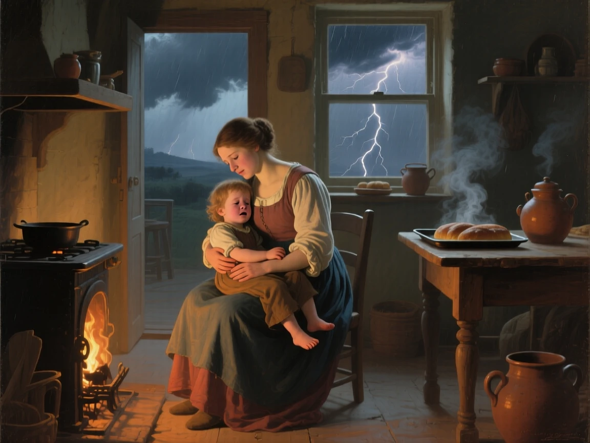A mother comforting her frightened child during a thunderstorm in a small, tender moment that says everything without words, set within a warmly lit kitchen filled with the smell of baking, with small, telling gestures like a held hand or a shared glance; gentle framing by a doorway or window softens the intimate scene, suggesting the enduring bonds between generations.
