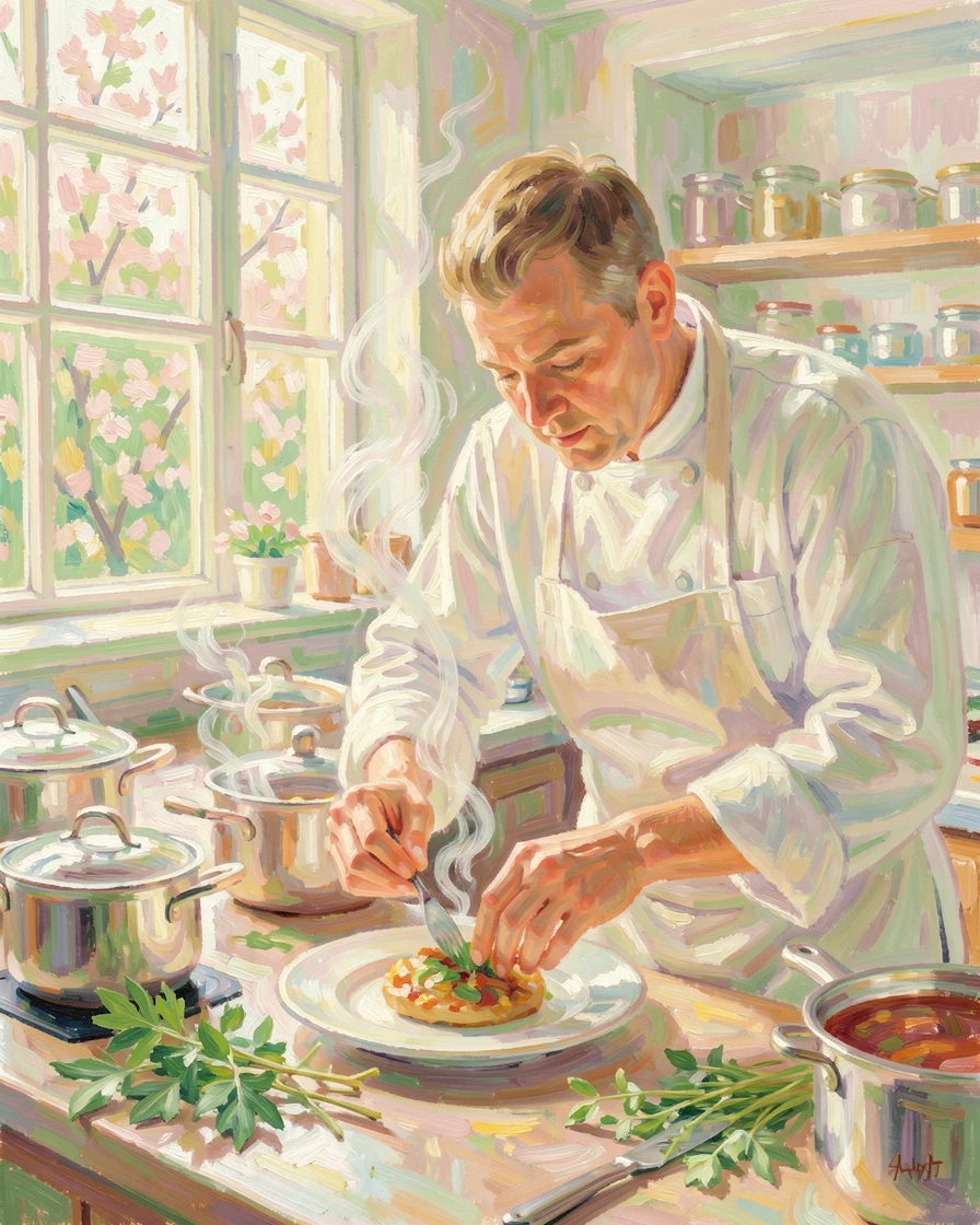 A chef garnishing a dish in a bustling kitchen, steam rising around focused, skilled hands, in early spring, evoking a sense of peace and quiet wonder.
