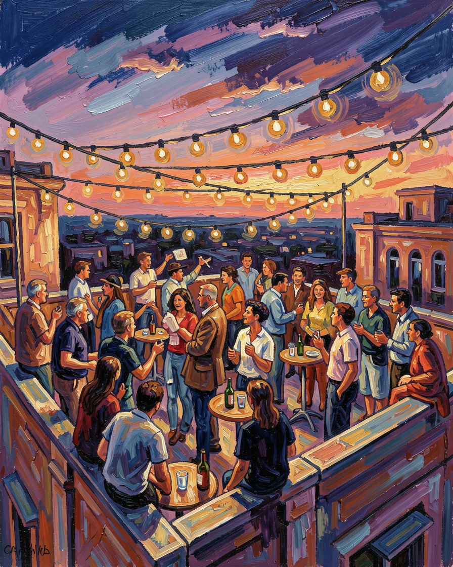 A crowded rooftop gathering at dusk, string lights glowing above a lively conversation.