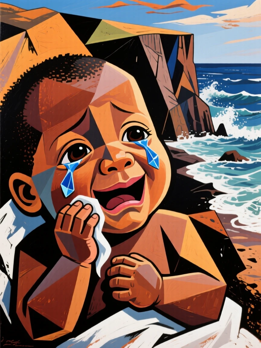 An intimate close-up of a newborn baby of Nigerian heritage wiping away tears of happiness, on a windswept coastal cliff.