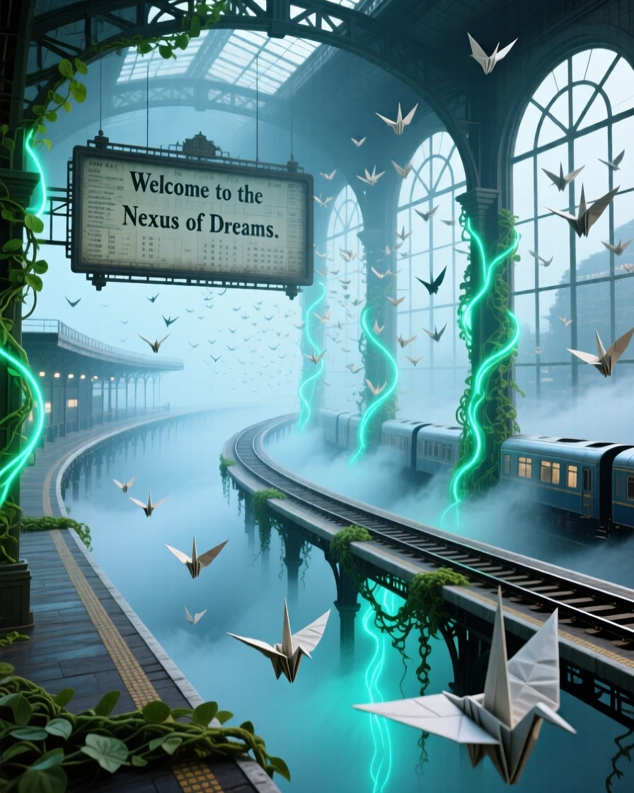 A train station with platforms suspended in mist is slowly swallowed by climbing vines of light, while birds made of paper drift past its windows.