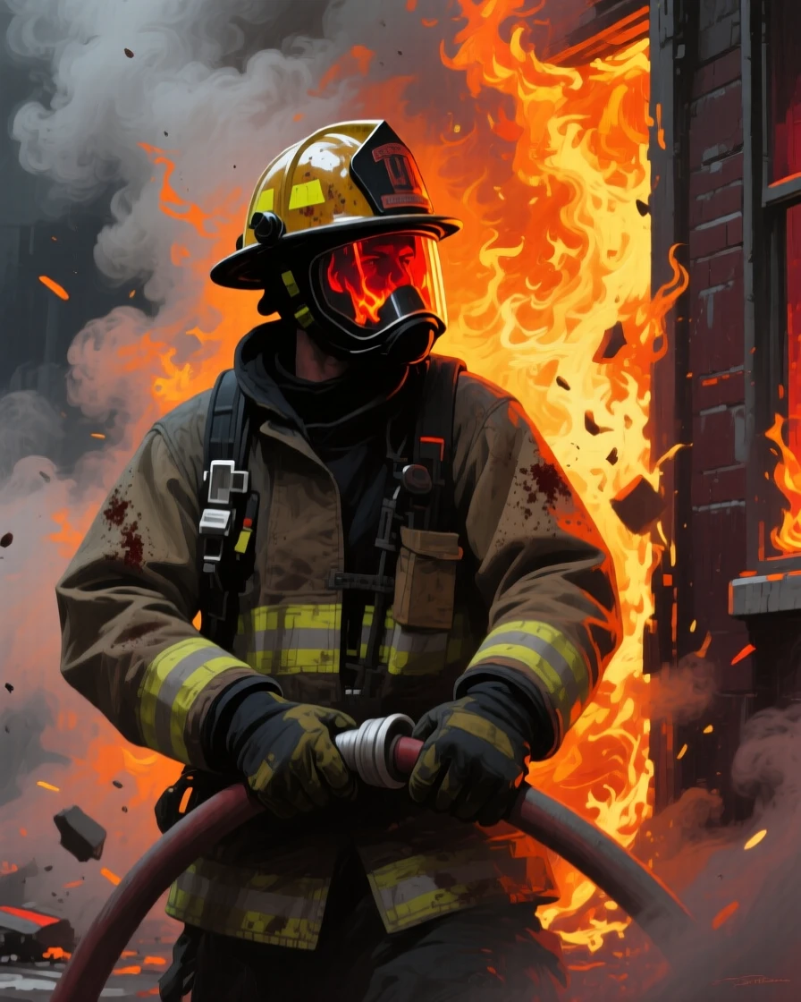 A determined firefighter stands silhouetted against smoke and flame, helmet reflecting the orange glow as he prepares to enter a burning structure, the composition drawing attention to small, telling gestures that reveal character and mood.