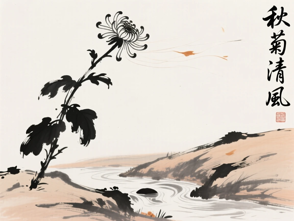 A single chrysanthemum stem bends gently under an autumn breeze, with a small stream running quietly past the hillside.