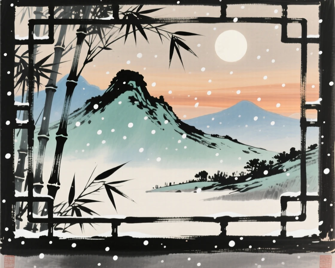 Moonlight falling softly through a bamboo lattice window, beneath softly falling snow, as the sun sets behind distant peaks, in the mild days of early winter.