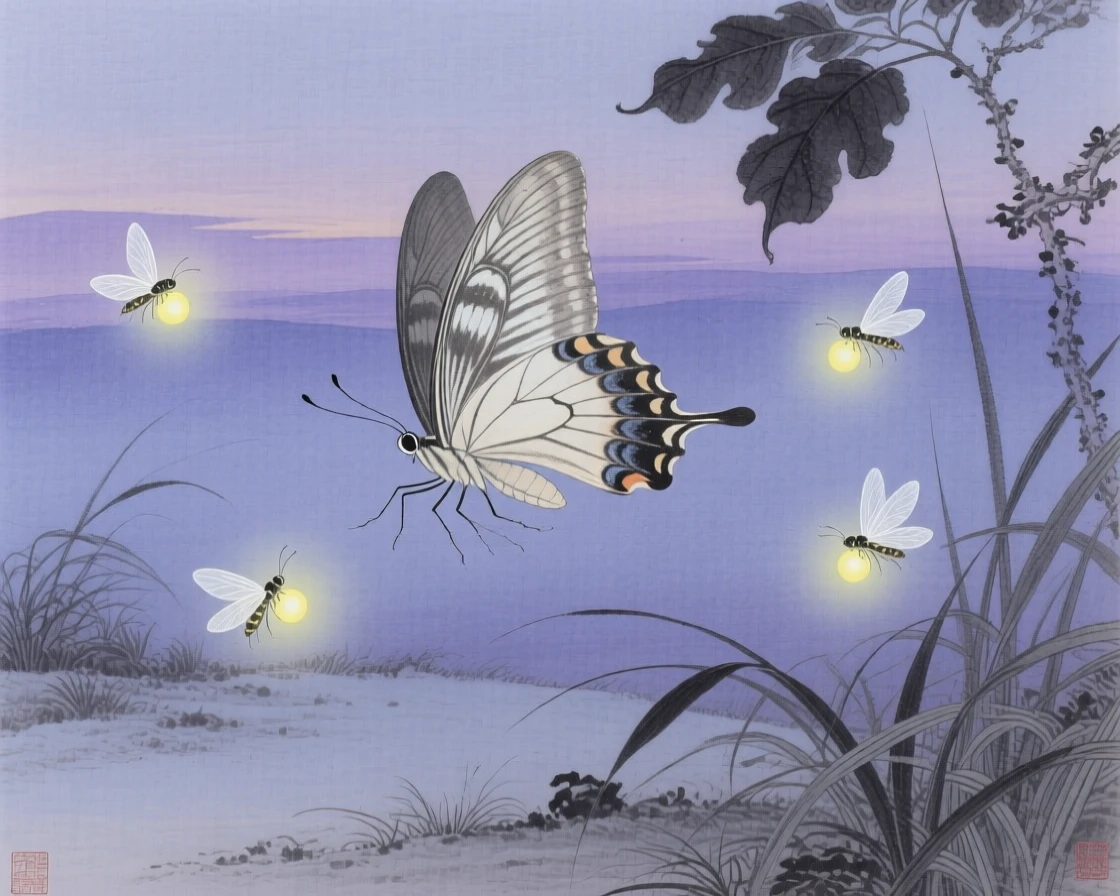 A butterfly chasing fireflies at twilight
