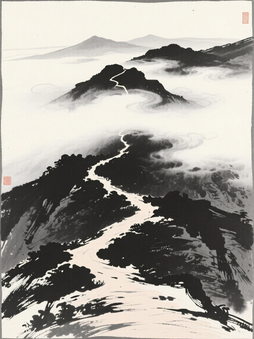 An empty mountain trail winding into the clouds in a moment of complete stillness, framed minimally, letting emptiness carry the mood, capturing a fleeting, meditative moment of peace.