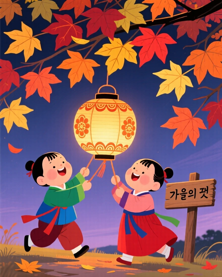 Children playing with paper lanterns at dusk beneath a canopy of autumn leaves.