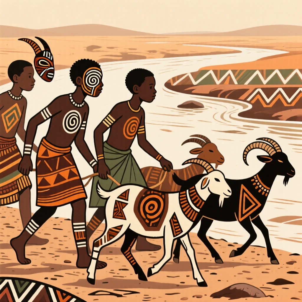 A group of boys herding goats across a dry riverbed.