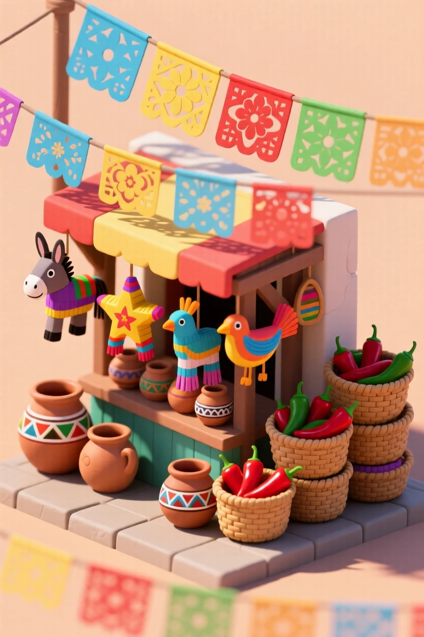 A vibrant Mexican market stall selling piñatas and pottery, woven baskets stacked with chili peppers, and papel picado strung overhead.