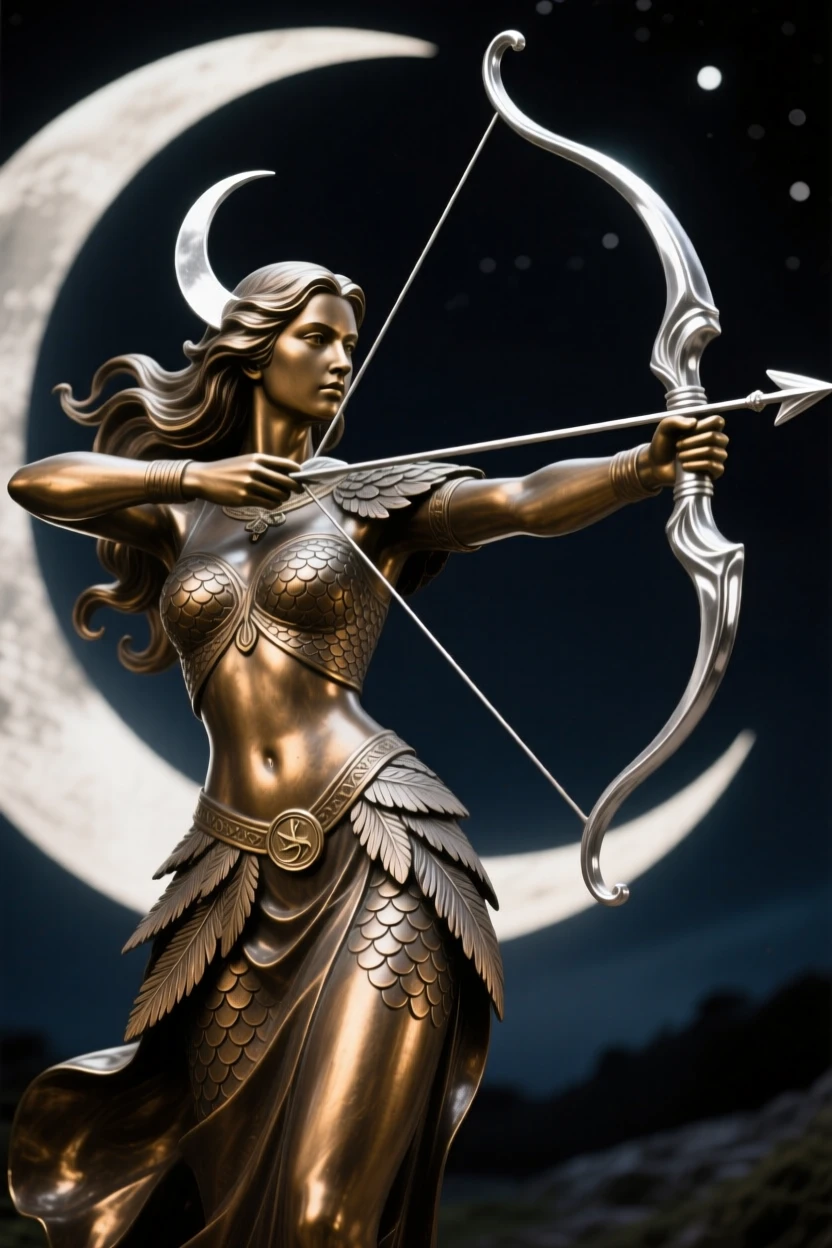 A moon goddess drawing a silver bow at midnight, with intricate scale and feather detail, radiating awe and grandeur