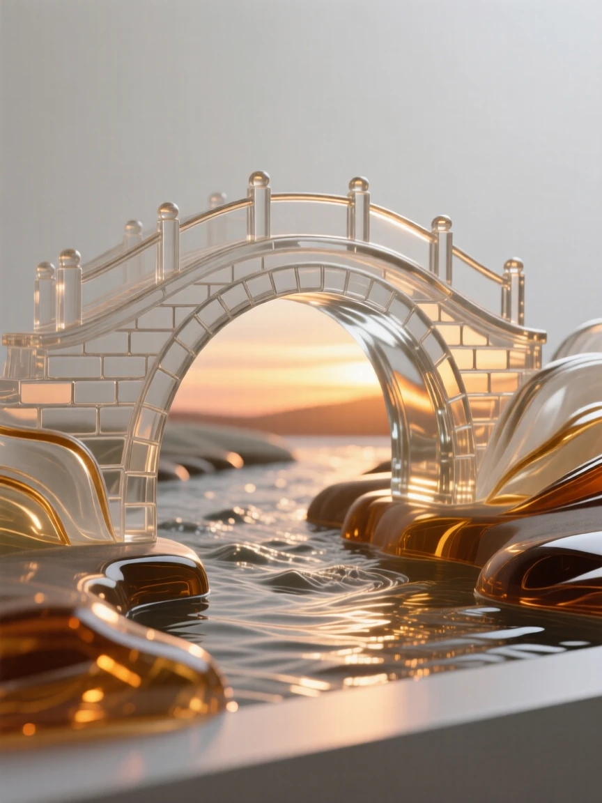 An old stone bridge over a gently flowing river bathed in the warm glow of sunset, rich saturated colors, evoking a deep sense of wonder.