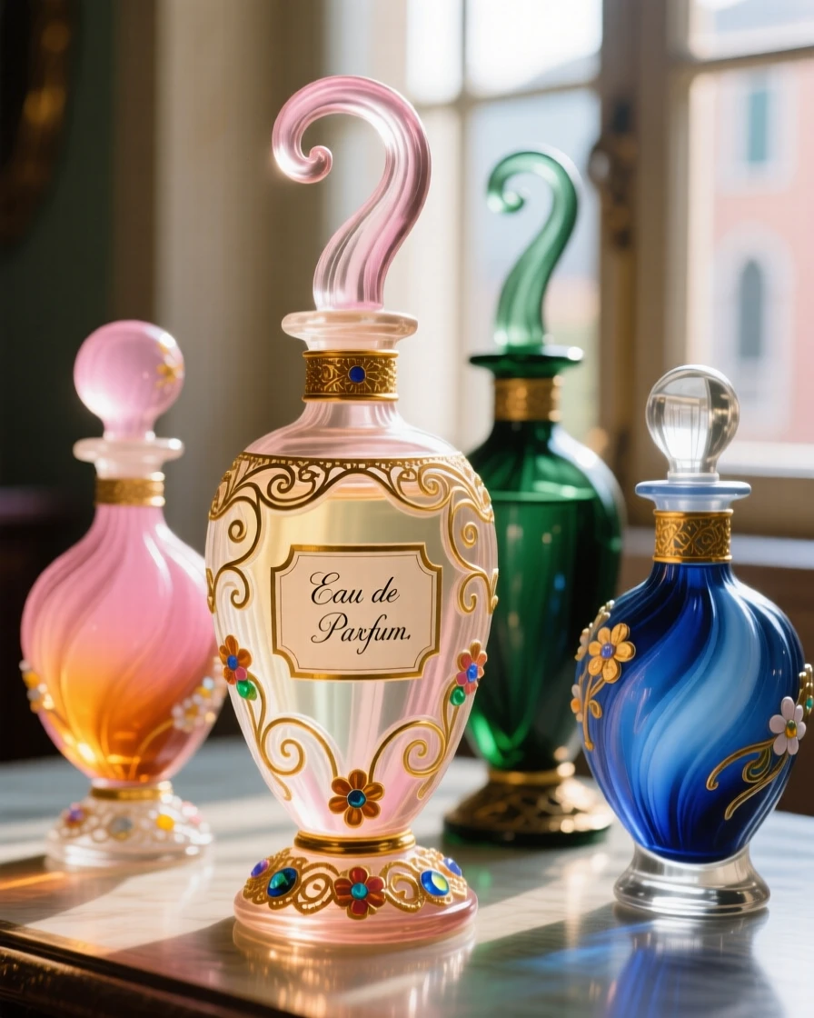 A collection of vintage perfume bottles catching soft window light, elegant and nostalgic.
