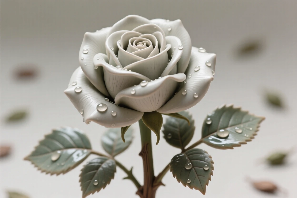 A single rose with dew clinging to its petals clustered together in natural harmony, framed by a scattering of small leaves, stirring feelings of peace and gentle growth.