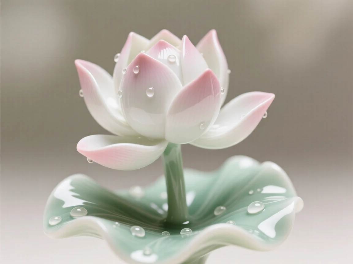 A single lotus flower caught mid-bloom against a soft blurred background, dew drops resting delicately on its surface.