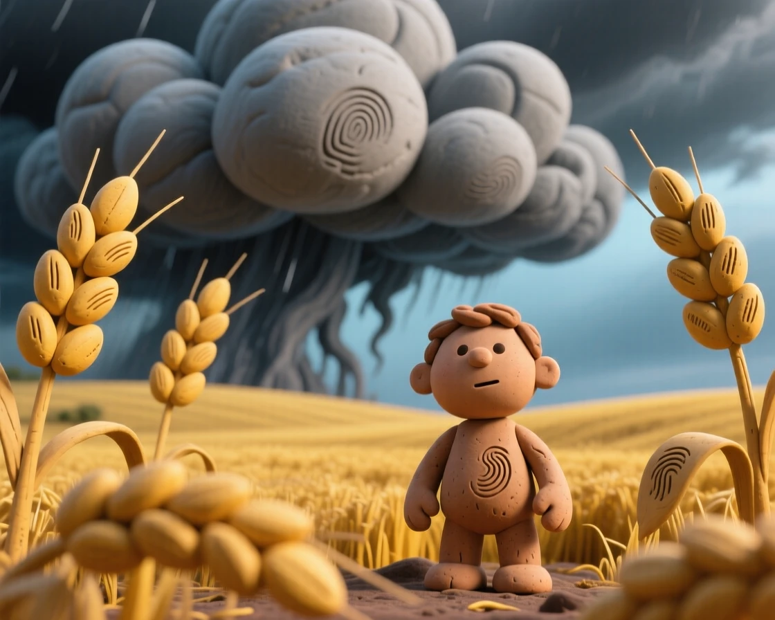 A golden wheat field beneath dramatic storm clouds gathering